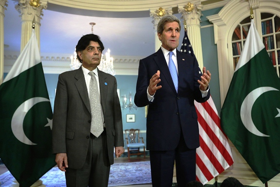 us secretary of state john kerry r and interior minister nisar ali khan speak to members of the media prior to a meeting at the state department in washington dc photo afp