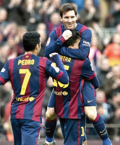 barcelona made it 11 wins in a row as messi scored a hat trick in his 300th la liga appearance photo afp