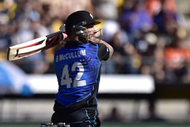 new zealand batsman brendon mccullum plays a shot during the pool a 2015 cricket world cup match between new zealand and england at wellington regional stadium in wellington on february 20 2015 photo afp