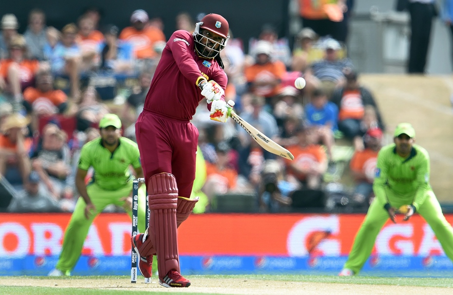 west indies batsman chris gayle c hits out against the pakistan bowling during their 2015 cricket world cup group b match in christchurch on february 21 2015 photo afp
