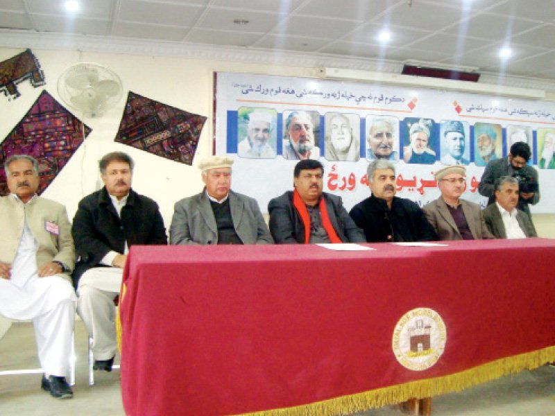 linguists and cultural activists on stage at the seminar organised by malgari likwalan photo fazal khaliq express