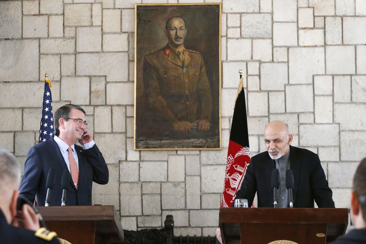 us secretary of defense ash carter l listens to afghan president ashraf ghani during a joint press conference at the presidential palace in kabul on february 21 2015 photo afp