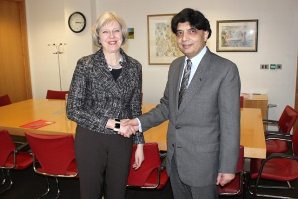 minister for interior chaudhry nisar ali khan on tuesday met with his british counterpart theresa may at the home office in london photo file