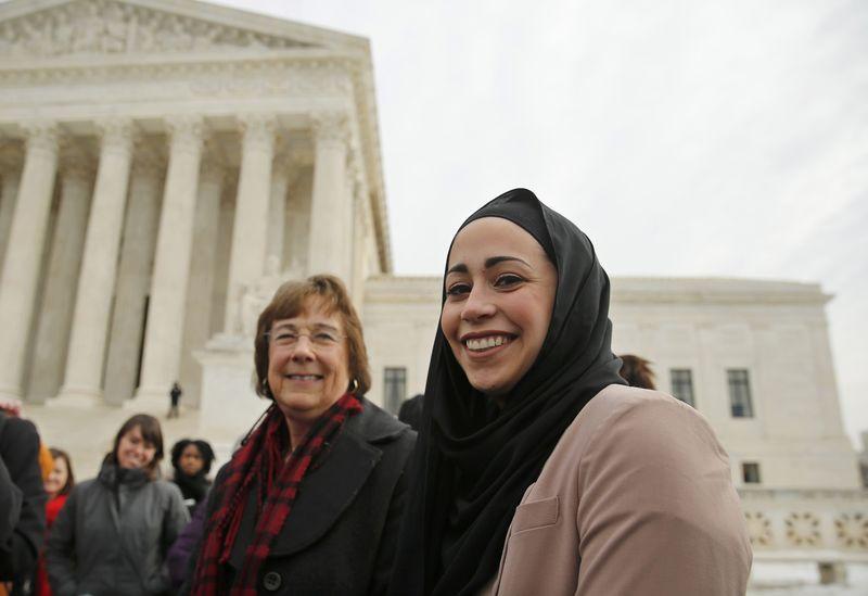 samantha elauf r who was denied a sales job at an abercrombie kids store in tulsa in 2008 stands with u s equal employment opportunity commission eeoc lead attorney barbara seely c at the us supreme court in washington february 25 2015 photo reuters