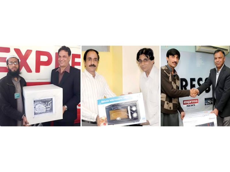 express media group s associate director marketing in islamabad munir hussain senior manager marketing in karachi nadim murad khan and promotion manager in multan nasir mahmood shaikh hand over the prizes to winners photo express