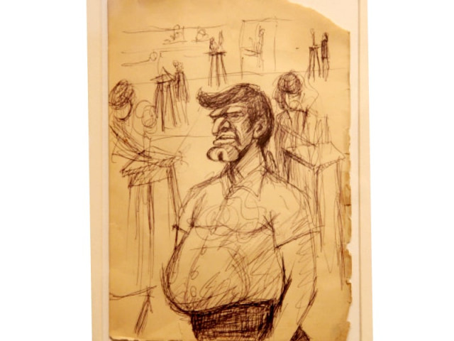 collin david s drawing of his peer renowned painter saeed akhtar is on display at the tradition and innovation exhibition photo ayesha mir