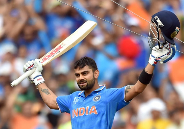 indian batsman virat kohli celebrates scoring his century against pakistan in their 2015 cricket world cup match in adelaide on february 15 2015 photo afp