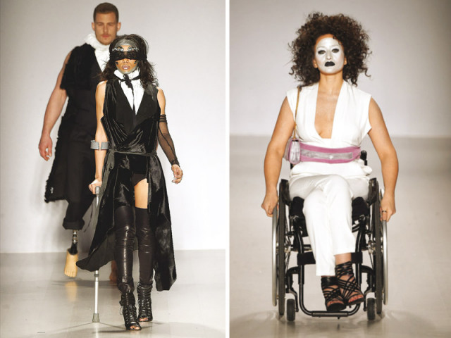 models sported futuristic body suits and large hooped shoulder pads for the static dynamic catwalk photos afp