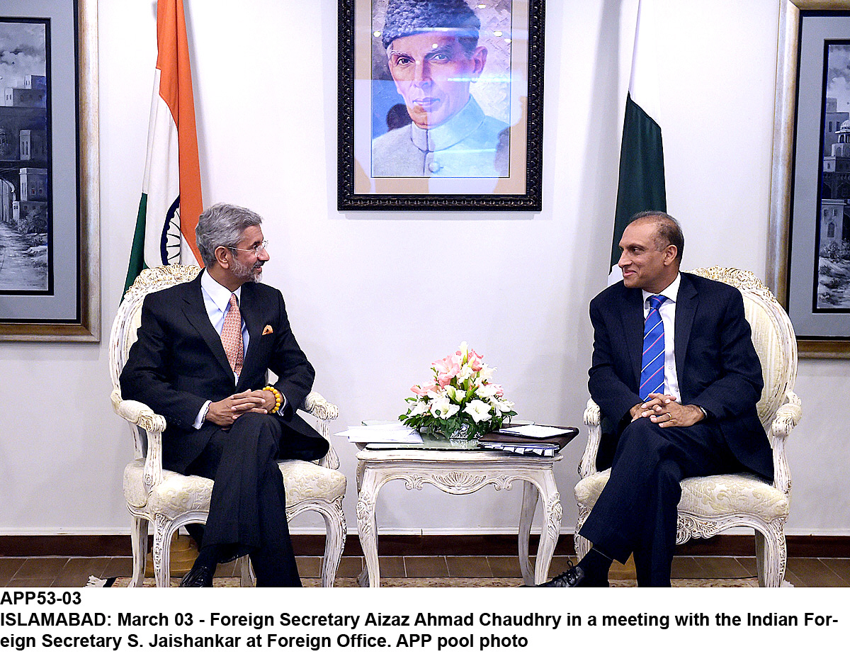 foreign secretary aizaz ahmad chaudhry in a meeting with the indian counter part s jaishankar at foreign office photo app