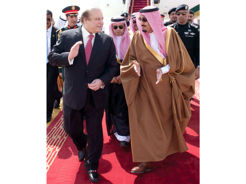 prime minister nawaz sharif and saudi king salman at the airport in riyadh photo inp