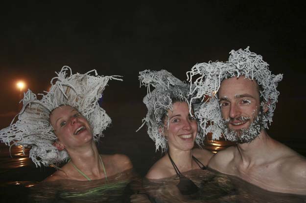 bathers l r milena georgeault maxime goyou beauchamps and fanny caritte of france show off their frozen hair while bathing in a 40 degree celsius 104 fahrenheit pool in air temperatures of  30 c  22 f at takhini hot springs in whitehorse yukon in this handout photo taken on february 9 2015 the hot springs announced on march 2 that the group had won the hot springs 039 2015 international hair freezing contest photo reuters