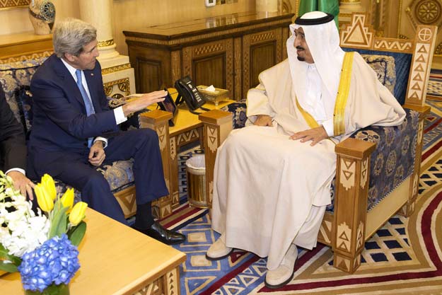 secretary of state john kerry l meets saudi king salman bin abdulaziz al saud at diriyah farm in diriyah march 5 2015 kerry met gulf arab foreign ministers in riyadh on thursday to brief them on progress in the nuclear talks with iran and offer reassurance that any deal would not damage their interests photo reuters