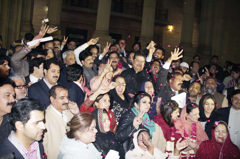 several lawmakers celebrated after the senate polls at the punjab assembly on thursday photo abid nawaz express