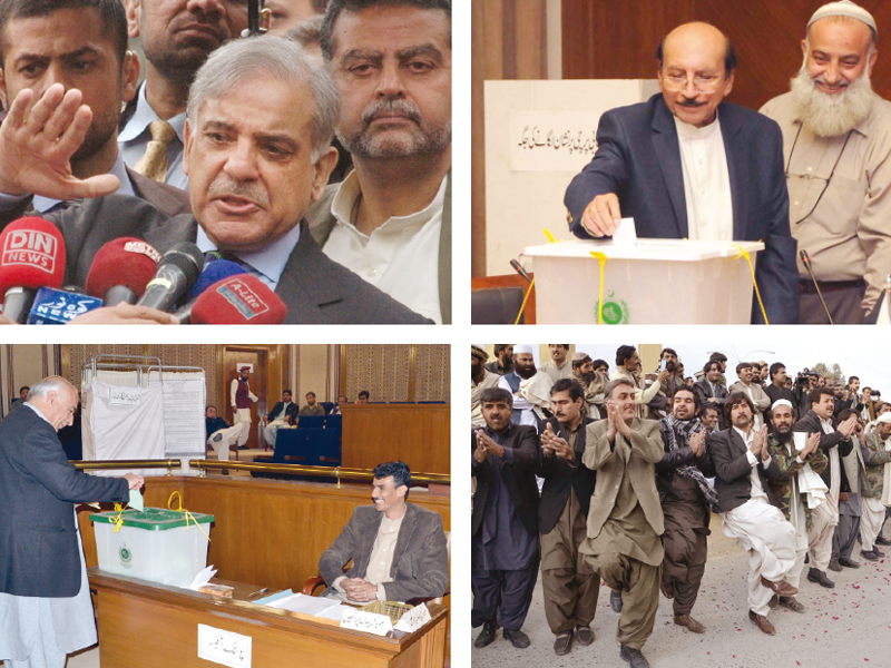 punjab cm shahbaz sharif talks to media after casting his vote sindh cm qaim ali shah balochistan cm abdul malik baloch cast their votes while supporters of mpa usman kakar dance to rejoice his victory in senate elections photos express agencies