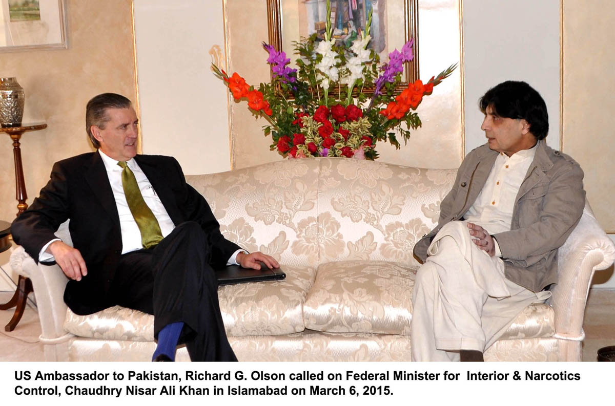 us ambassador to pakistan richard g olson called on interior minister chaudhary nisar in islamabad on march 6 2015 photo pid