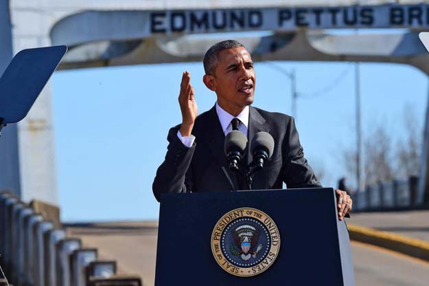 president barack obama speaks near the edmund pettus bridge saturday march 7 2015 in selma ala this weekend marks the 50th anniversary of quot bloody sunday 039 a civil rights march in which protestors were beaten trampled and tear gassed by police at the edmund pettus bridge in selma photo afp