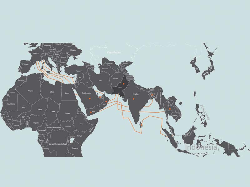 spread across 20 000 kilometers the new cable system will connect singapore to europe italy and france and traverse indonesia malaysia thailand myanmar bangladesh sri lanka pakistan oman uae yemen djibouti and kingdom of saudi arabia according to twa design omer asim