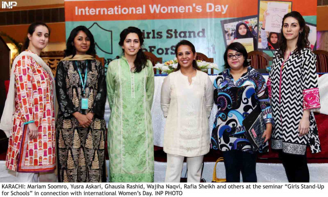 mariam soomro yusra askari ghausia rashid wajiha naqvi rafia sheikh at the seminar on 039 girls stand up for schools 039 photo inp
