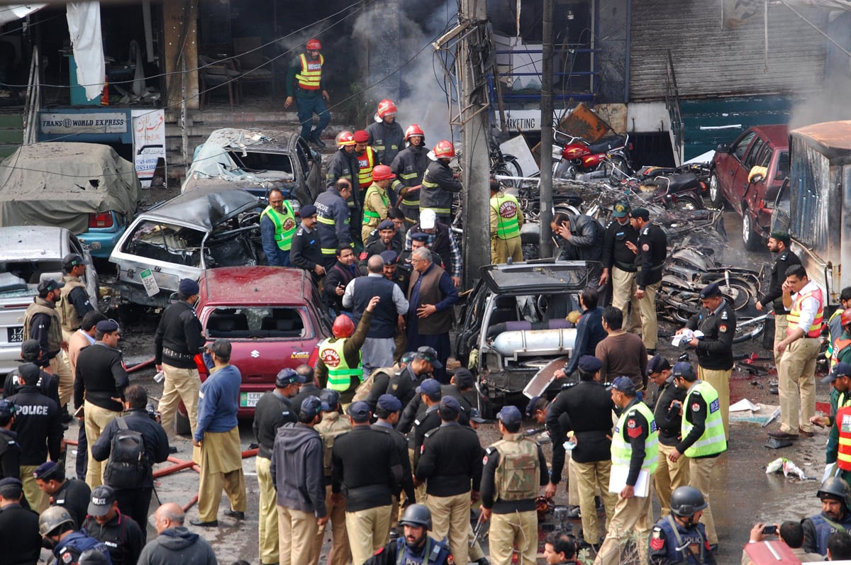 the bomber had struck just metres away from the entrance of police lines on empress road in the heart of the city photo riaz ahmed express