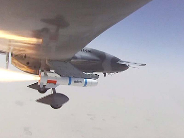 this television screen grab shows ucav burraq launching the laser guided missile burq this television screen grab shows ucav burraq launching the laser guided missile burq