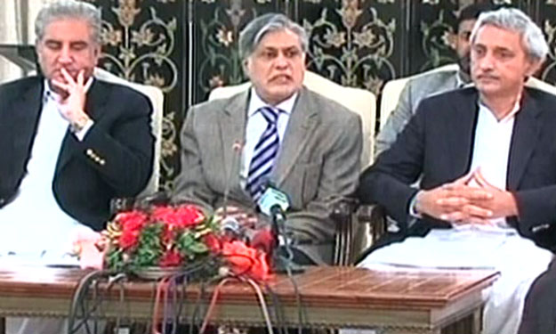 finance minister ishaq dar addressing a press conference on friday