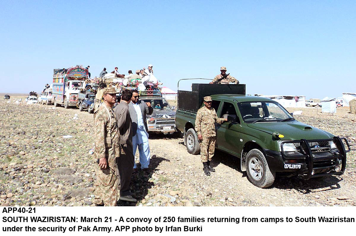 army officials provide security to 250 families who returned to their homes in south waziristan on saturday photo app