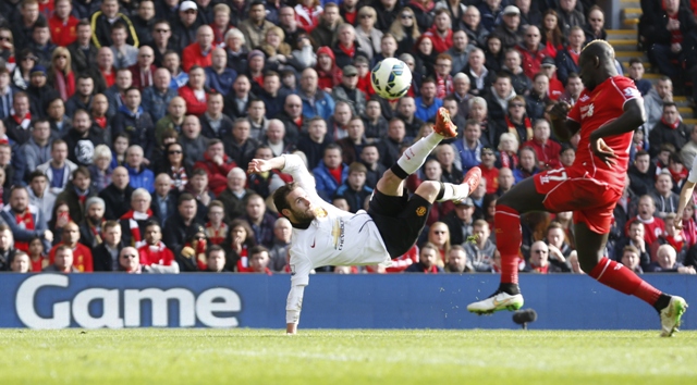 acrobatically done juan mata scored an absolute stunner in the 59th minute as he converted di maria s lobbed pass to score his second goal of the game after scoring the first in the 14th minute photo reuters