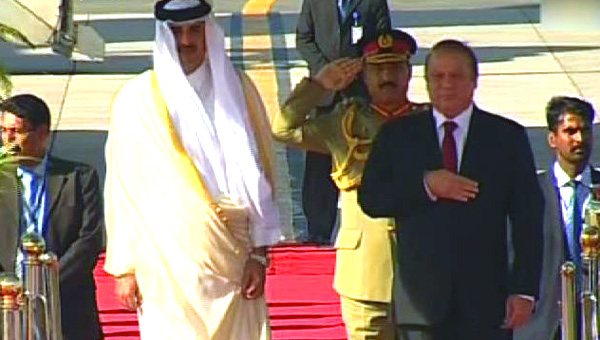 pm nawaz recieves the emir at the islamabad airport where he was accompanied by a high level delegation photo courtesy the news