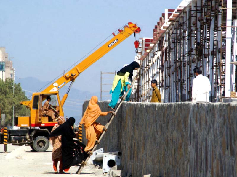 members of a family climb up a ladder to cross over to the other side of a metro bus construction site in the capital photo inp