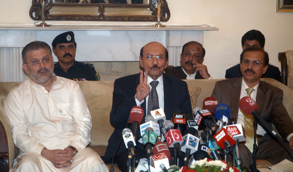 qaim ali shah addresses a press conference at the cm house on thursday photo irfan ali express