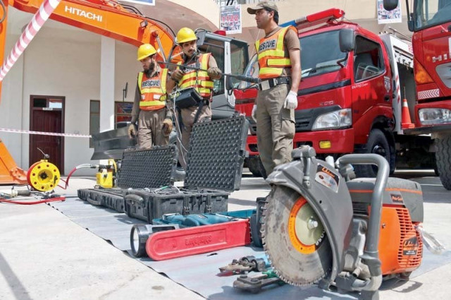 rescue 1122 officials display modern equipment at their office on sher shah suri road photo muhammad iqbal express