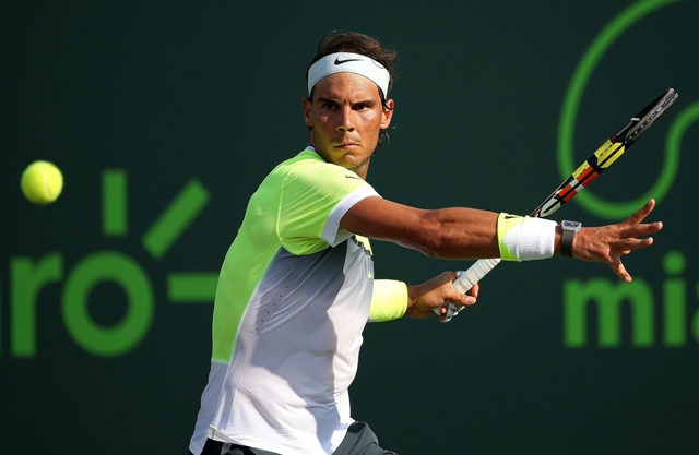 nadal who has four runner up finishes in 10 prior appearances on the hardcourts of miami showed no signs of the training mishap which left him with a sore ankle and threatened to compromise his start photo afp