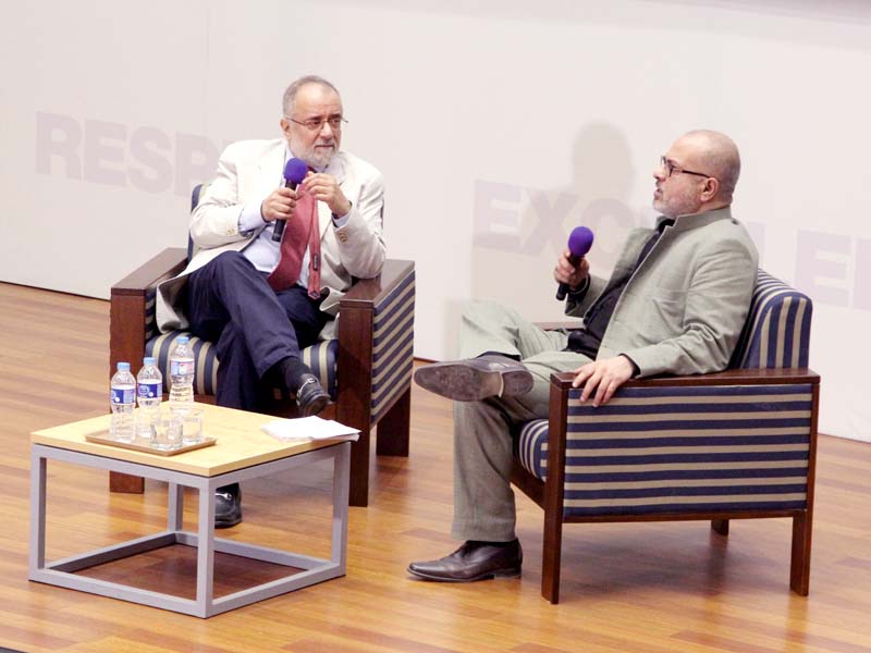 journalist ahmed rashid in conversation with habib university s school of arts humanities and social sciences dean dr nauman naqvi at the varsity on friday photo aysha saleem express