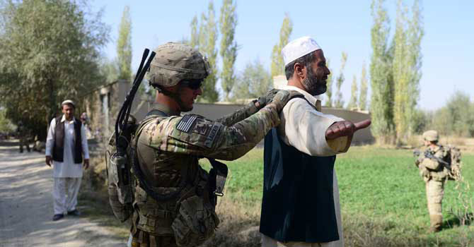 a us army soldier searches an afghan man during a patrol near baraki barak base in logar province photo afp