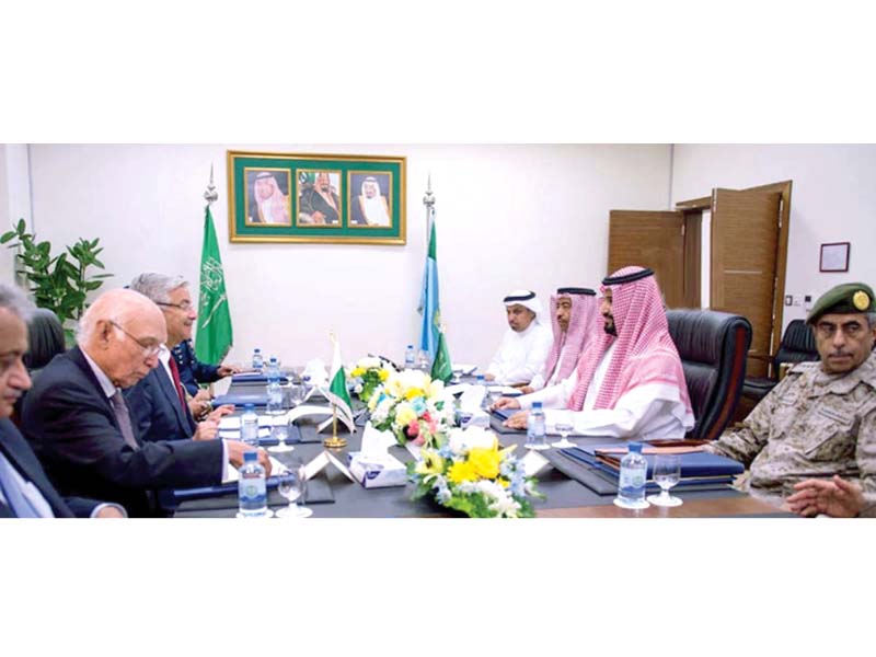 defence minister khawaja asif and adviser to pm on foreign affairs sartaj aziz hold meeting with minister for defence of saudi arabia prince mohammad bin salman bin abdulaziz photo ppi