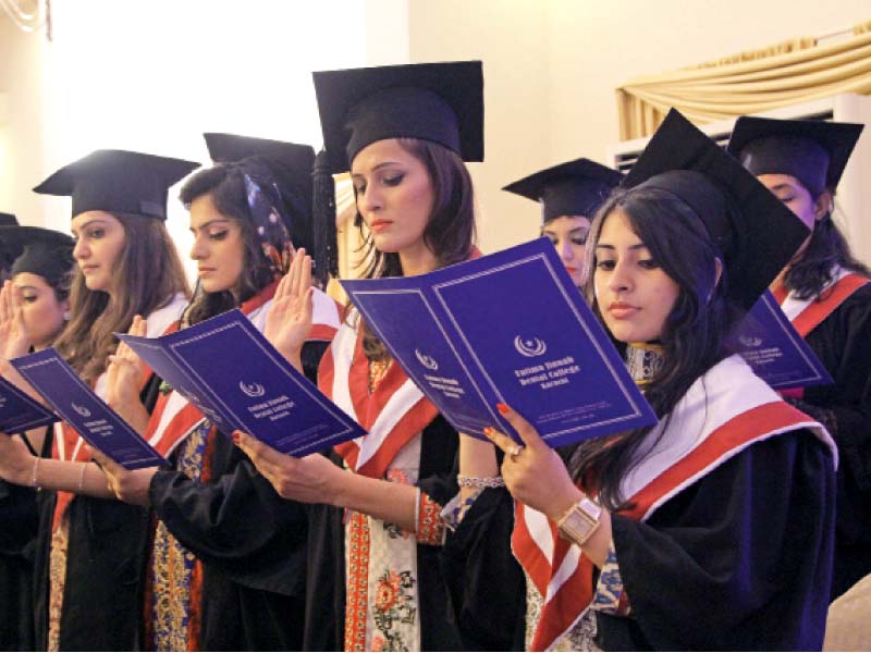 seventy two graduating students of the fatima jinnah dental college take the hippocratic oath at their convocation on friday photo aysha saleem express