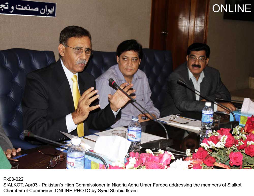 pakistans high commissioner in nigeria agha umer addressing the members of sialkot chamber of commerce photo online