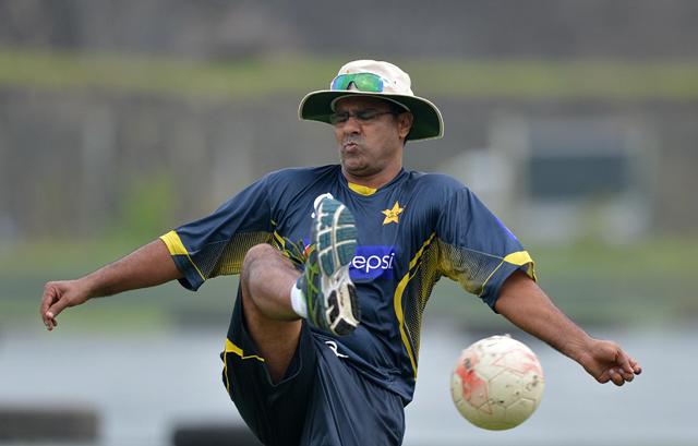 a file photo of pakistan cricket team coach waqar younis playing football during a training session photo afp