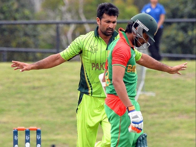 a file photo of sohail khan celebrating his wicket against bangladesh in the 2015 world cup warm up match between pakistan and bangladesh photo afp