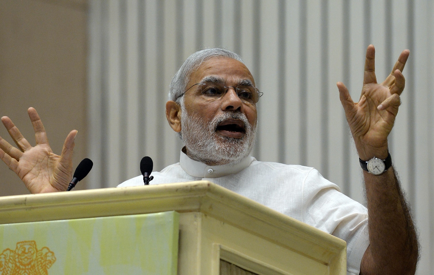 indian prime minister narendra modi delivers a speech during the inauguration of the enviornment and forest minsters conference in new delhi on april 6 2015 photo afp