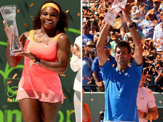 file pictures of novak djokovic and serena willaims after winning the miami open photo afp