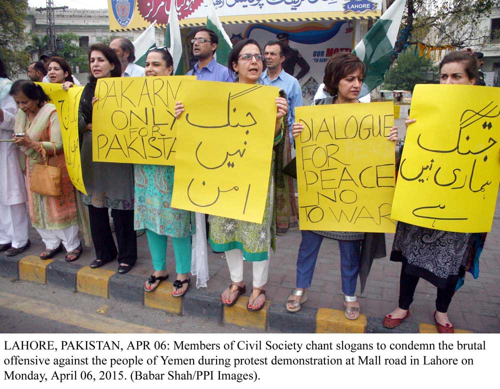 members of civil society in lahore protest against the brutal offensive against the people of women in yemen photo ppi members of civil society in lahore protest against the brutal offensive against the people of women in yemen photo ppi