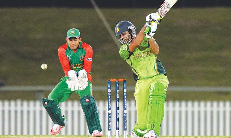 a file photo of sohaib maqsood playing a shot against bangladesh in the warm up match of the 2015 world cup photo afp