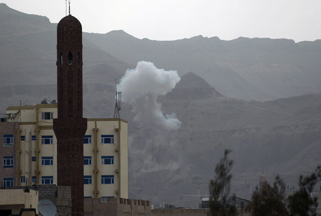 smoke rises from the faj attan hill area in the yemeni capital sanaa on april 7 2015 following an alleged air strike by the saudi led alliance on shiite huthi rebels camps photo afp