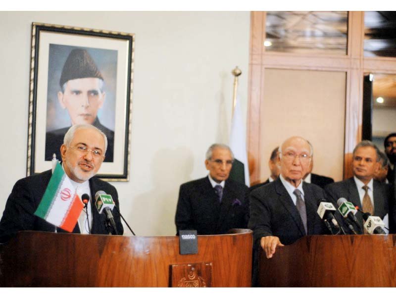 javad zarif and sartaj aziz address a joint news conference at the foreign ministry photo online