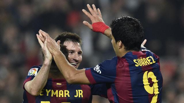 a file photo of barcelona 039 s star treble celebrating a goal photo afp