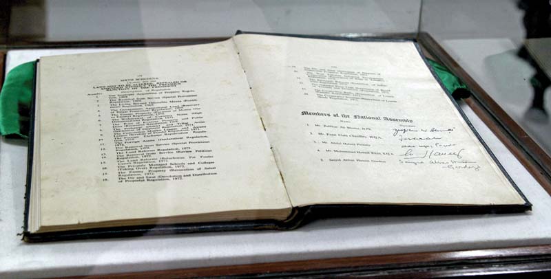 the national museum of pakistan karachi is displaying the original copy of the 1973 constitution of pakistan bearing the signatures of the members of the then national assembly who signed it photo aysha saleem express