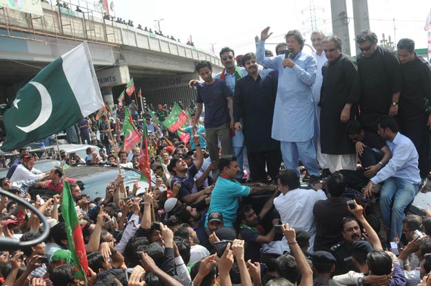 pti chief imran khan addressing supporters during his visit to karachi on april 9 2015 photo mohammad azeem express