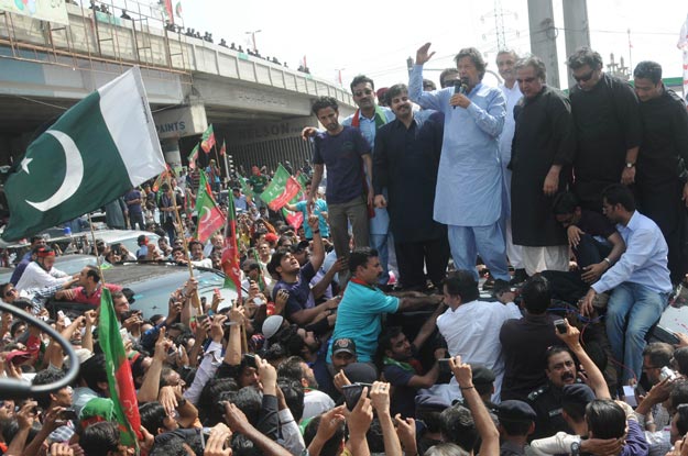 pti chief imran khan addressing supporters at shahrah e pakistan during his visit to karachi on april 9 2015 photo mohammad azeem express