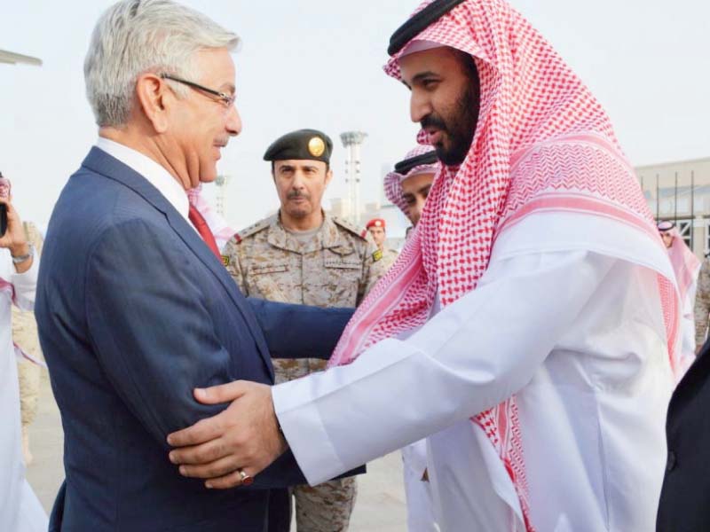 defence minister khawaja asif is greeted on his arrival in riyadh by his saudi counterpart prince mohammad bin salman al saud photo pid
